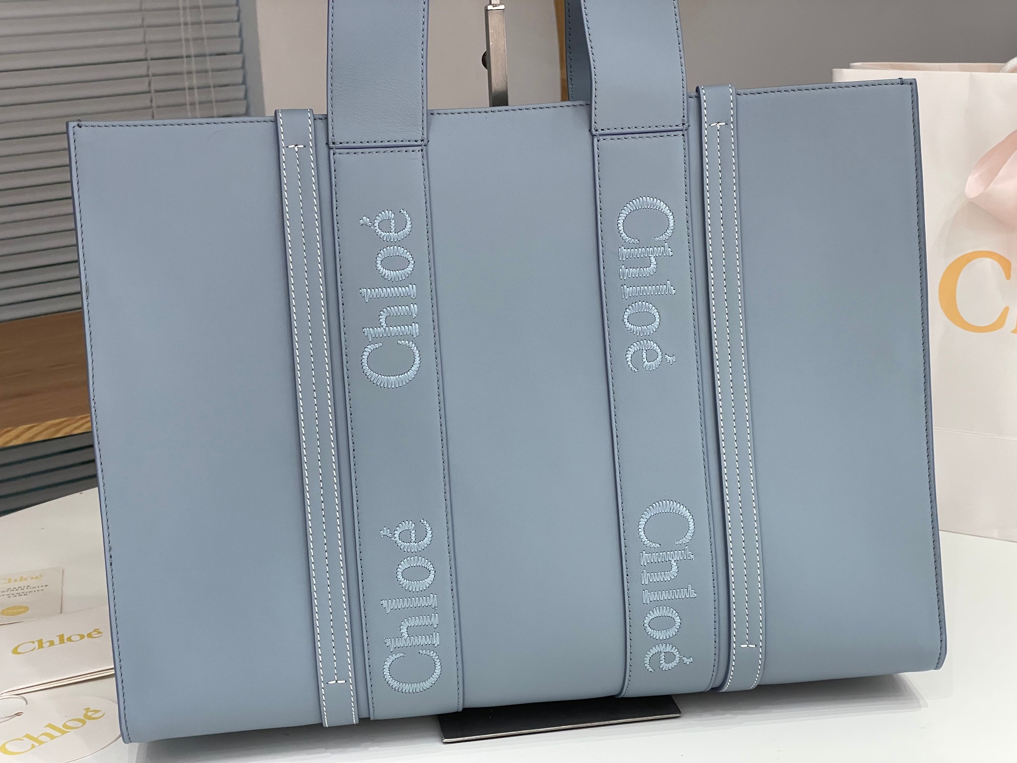 Chloe Large Woody Tote Bag In Light Blue Soft Smooth Calfskin Leather